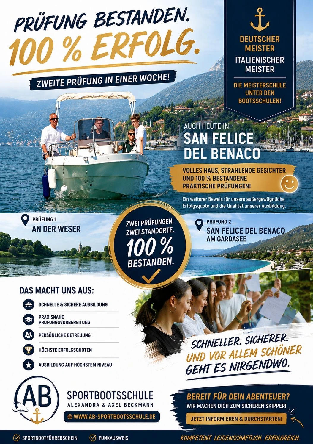 Teilnehmer feiern die bestandene Sportbootprüfung auf einem Motorboot vor San Felice del Benaco mit 100 Prozent Erfolg.